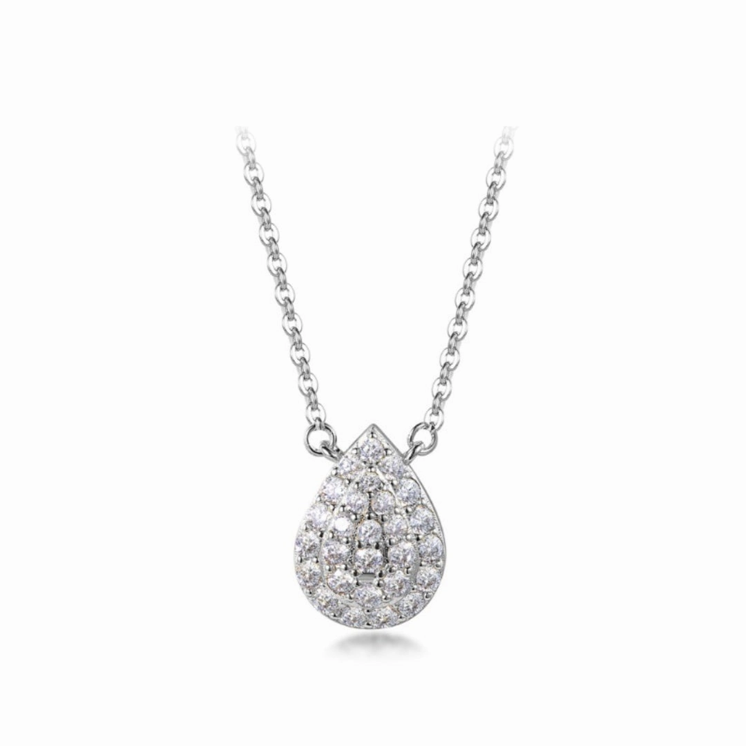 Sterling Silver Micropave CZ Pear Shaped Solitaire Necklace Dainty Touch Classic Accent