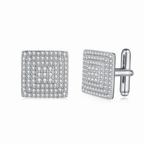 Highlight Accent Dainty Finish Sterling Silver Micropave CZ Square Cufflinks