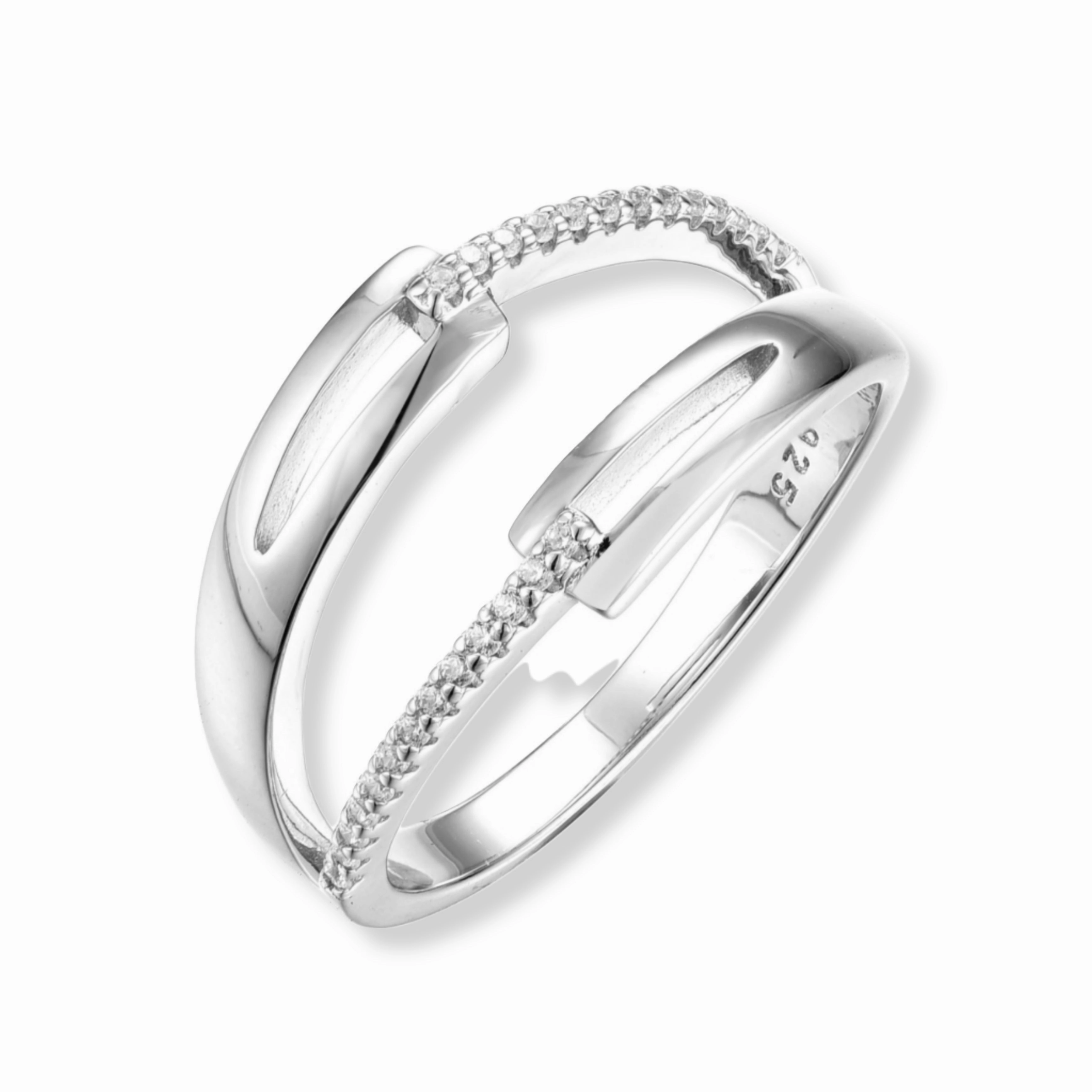 Sterling Silver Micropave Double Link and CZ Bar Ring Cultural Touch