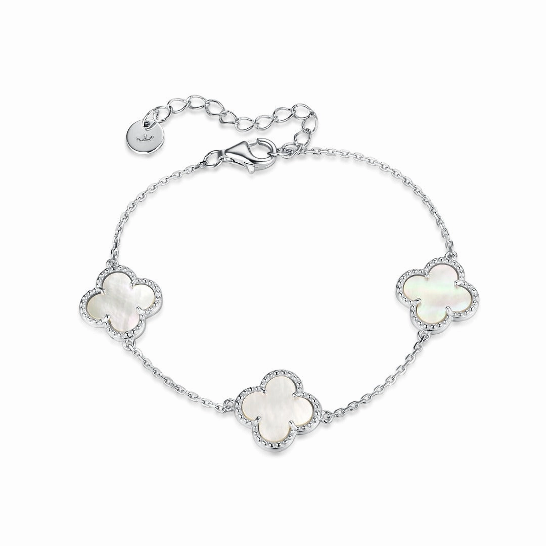 Sterling Silver Mother of Pearl Clover Bracelet Handmade Shine Pieces