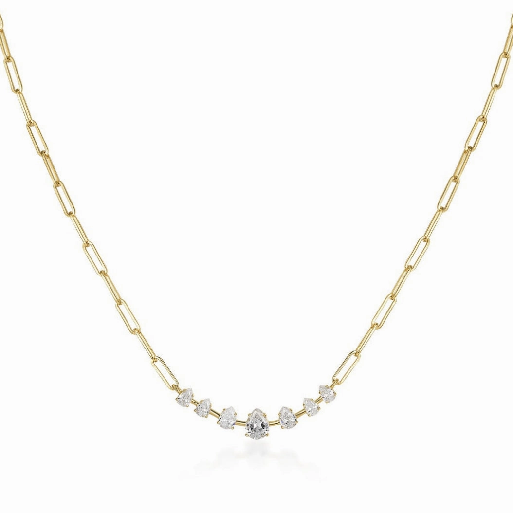 Sterling Silver Paperclip Chain with Pear Shaped CZ Necklace Gift Box