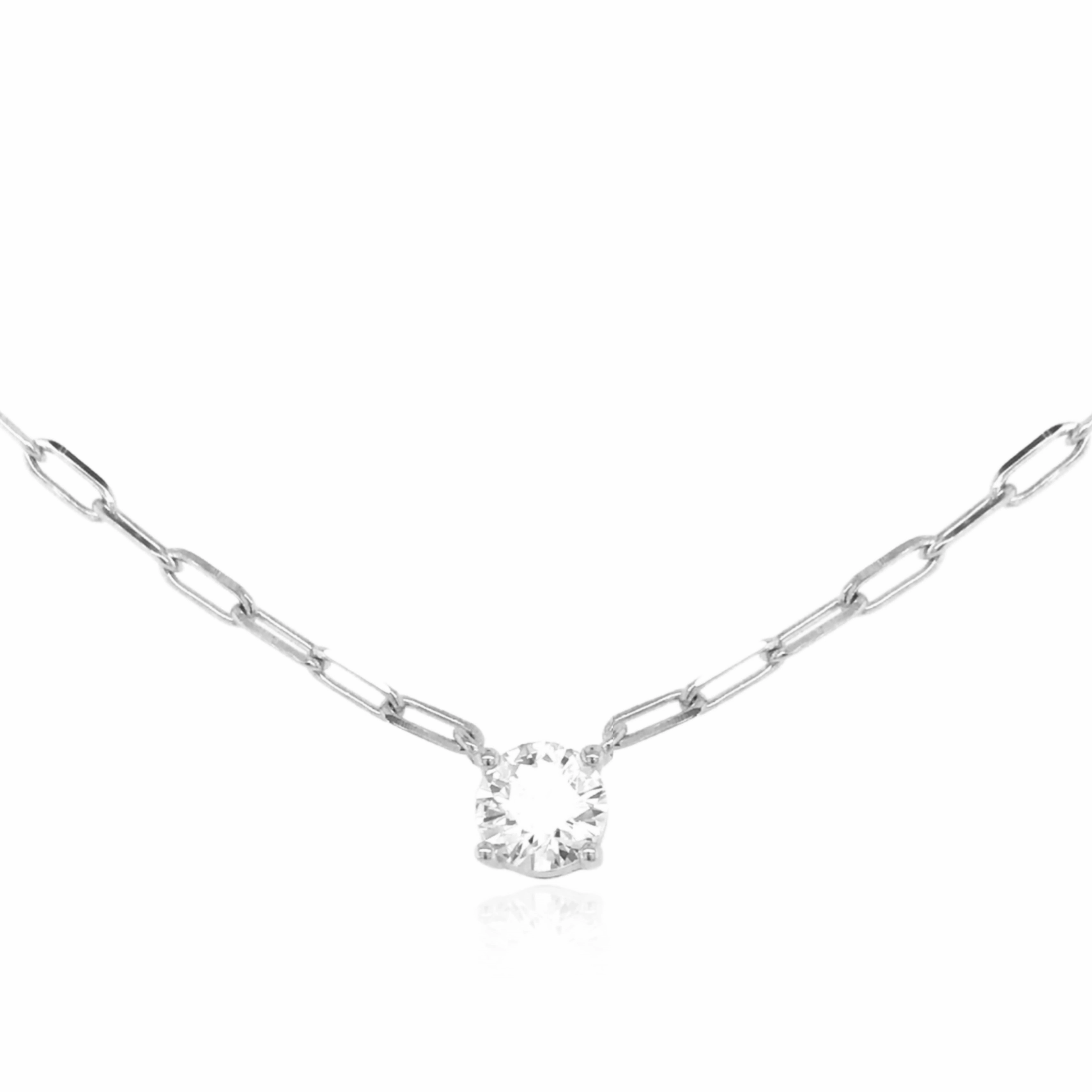 Charming Gems Classic Accent Sterling Silver Paperclip Necklace With Round Solitaire CZ