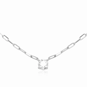 Charming Gems Classic Accent Sterling Silver Paperclip Necklace With Round Solitaire CZ