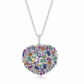 Dynamic Shape Sterling Silver Rainbow Baguette CZ Puffed Heart Necklace