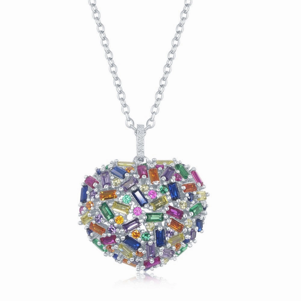 Dynamic Shape Sterling Silver Rainbow Baguette CZ Puffed Heart Necklace