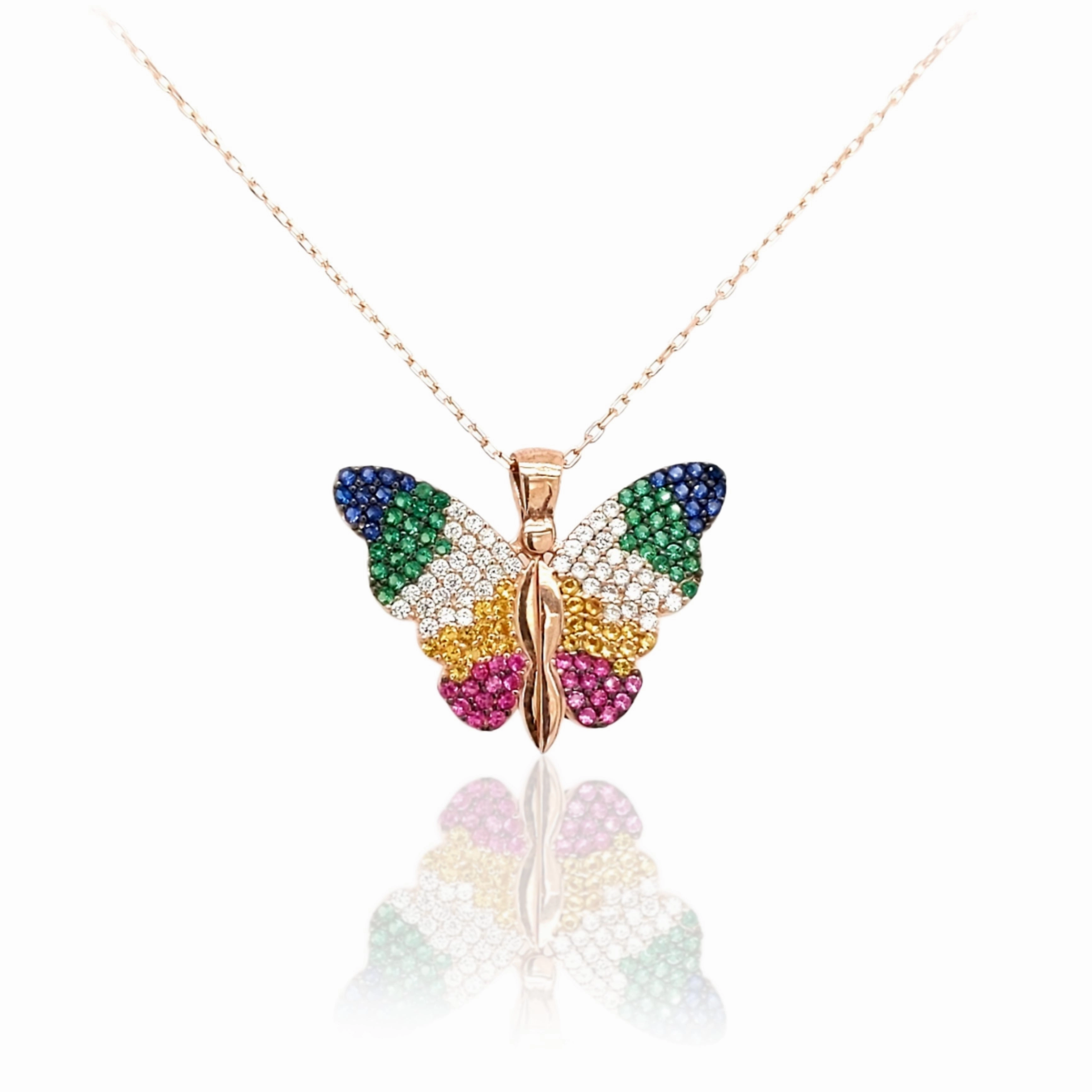 Sterling Silver Rose Gold Plated Colorful Butterfly With Heart Behind Pendant Necklace Minimal Glow