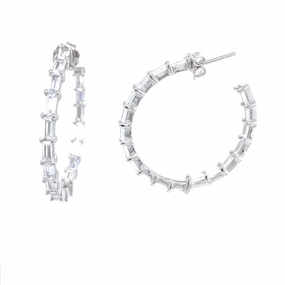 Gentle Shine Gift Look Sterling Silver Round 1 1/2'' Baguette Hoop Earrings