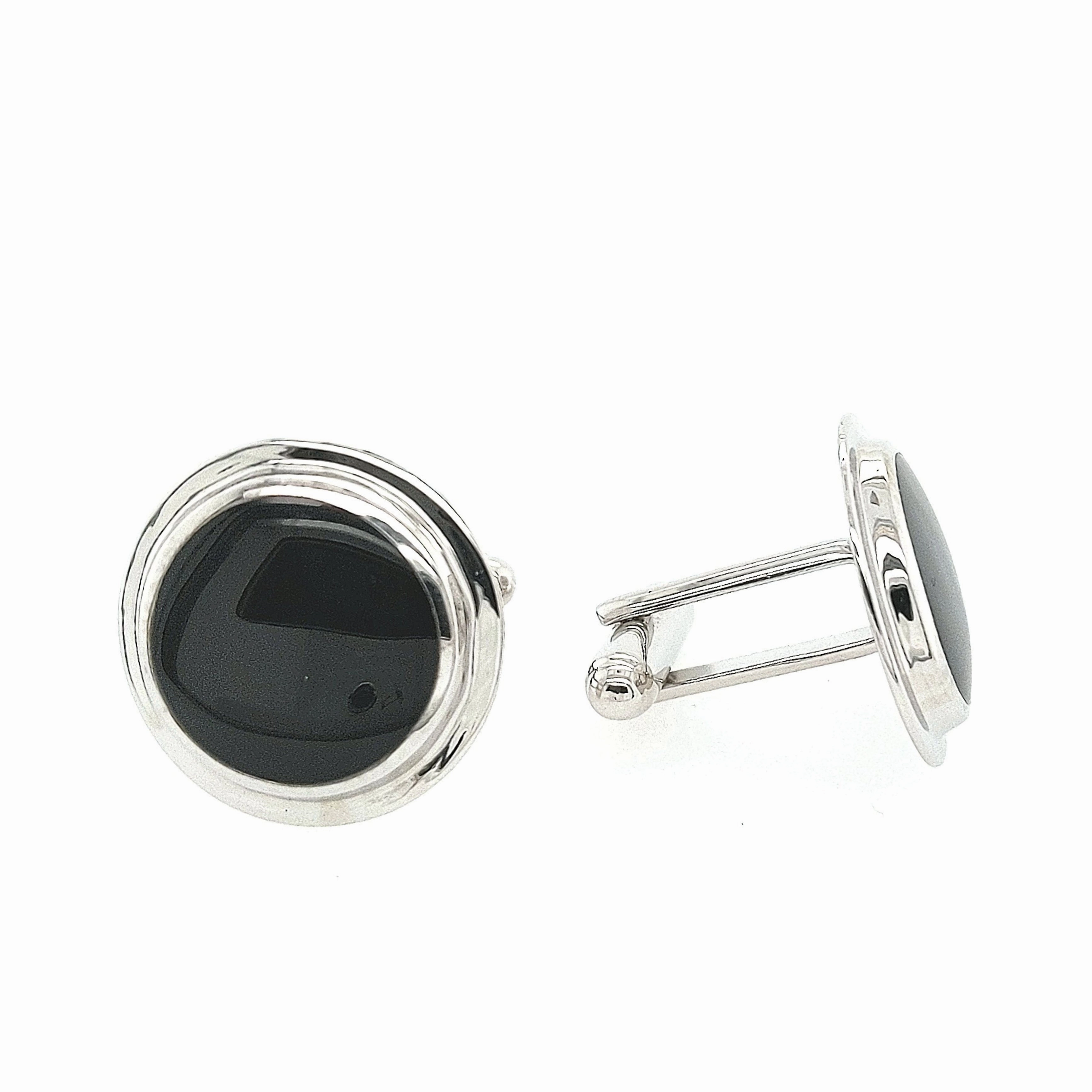 Luxurious Craft Sterling Silver Round Black Cufflinks With Beveled Border