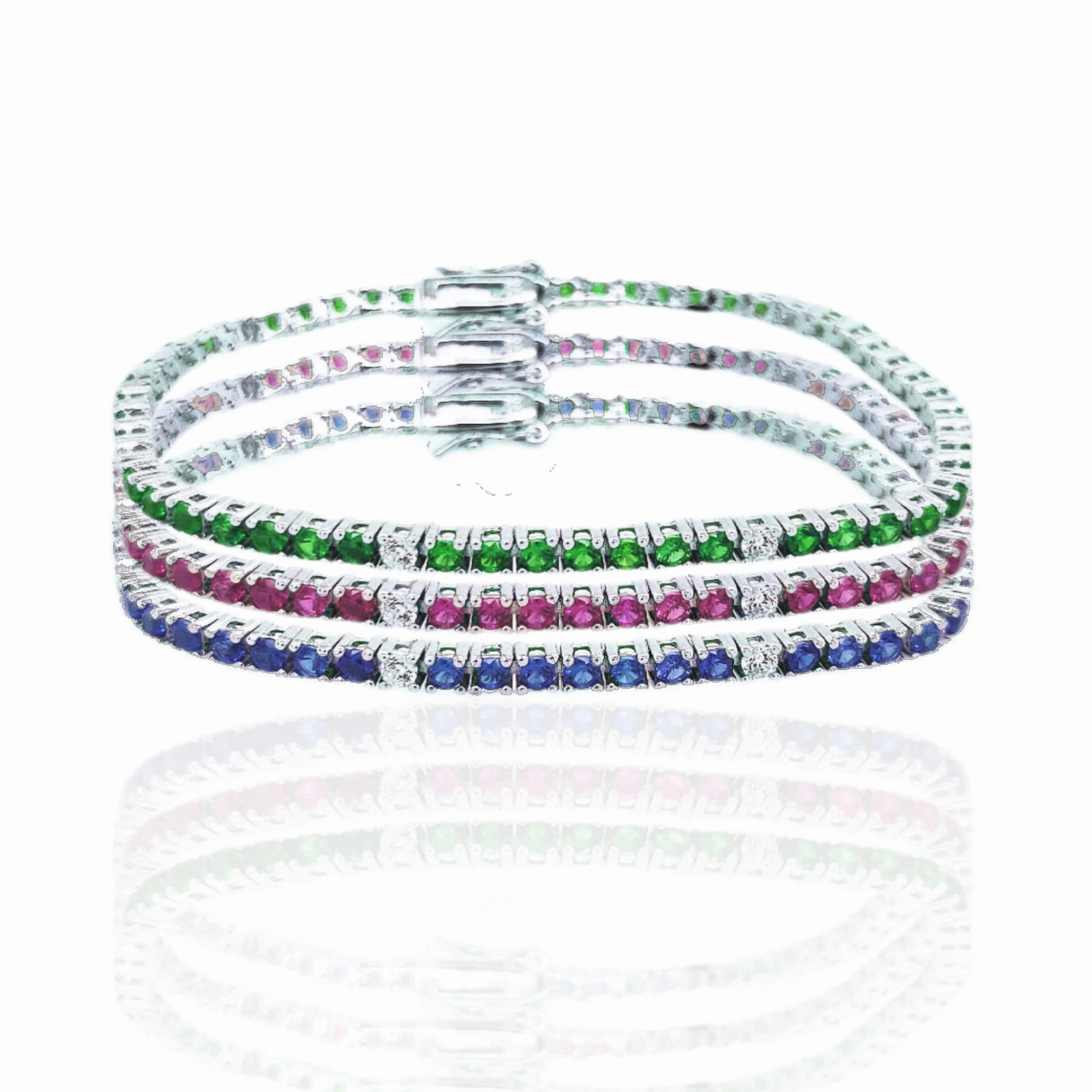 Premium Quality Simple Accent Sterling Silver Ruby, Emerald, and Sapphire 3.5mm Colored CZ Stone Bracelets