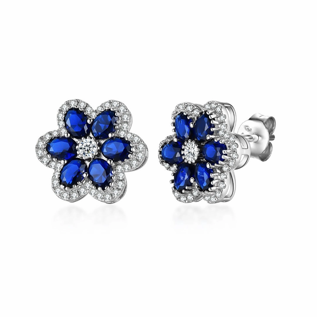 Sterling Silver Sapphire or Ruby CZ Flower Stud Earring Finest Detail