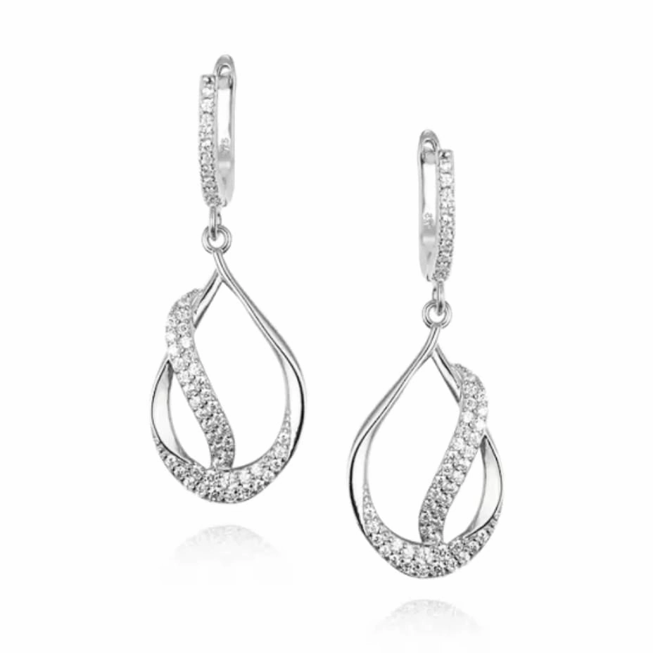 Sterling Silver Teardrop With CZ Diagonal Line Earring Gleaming Form
