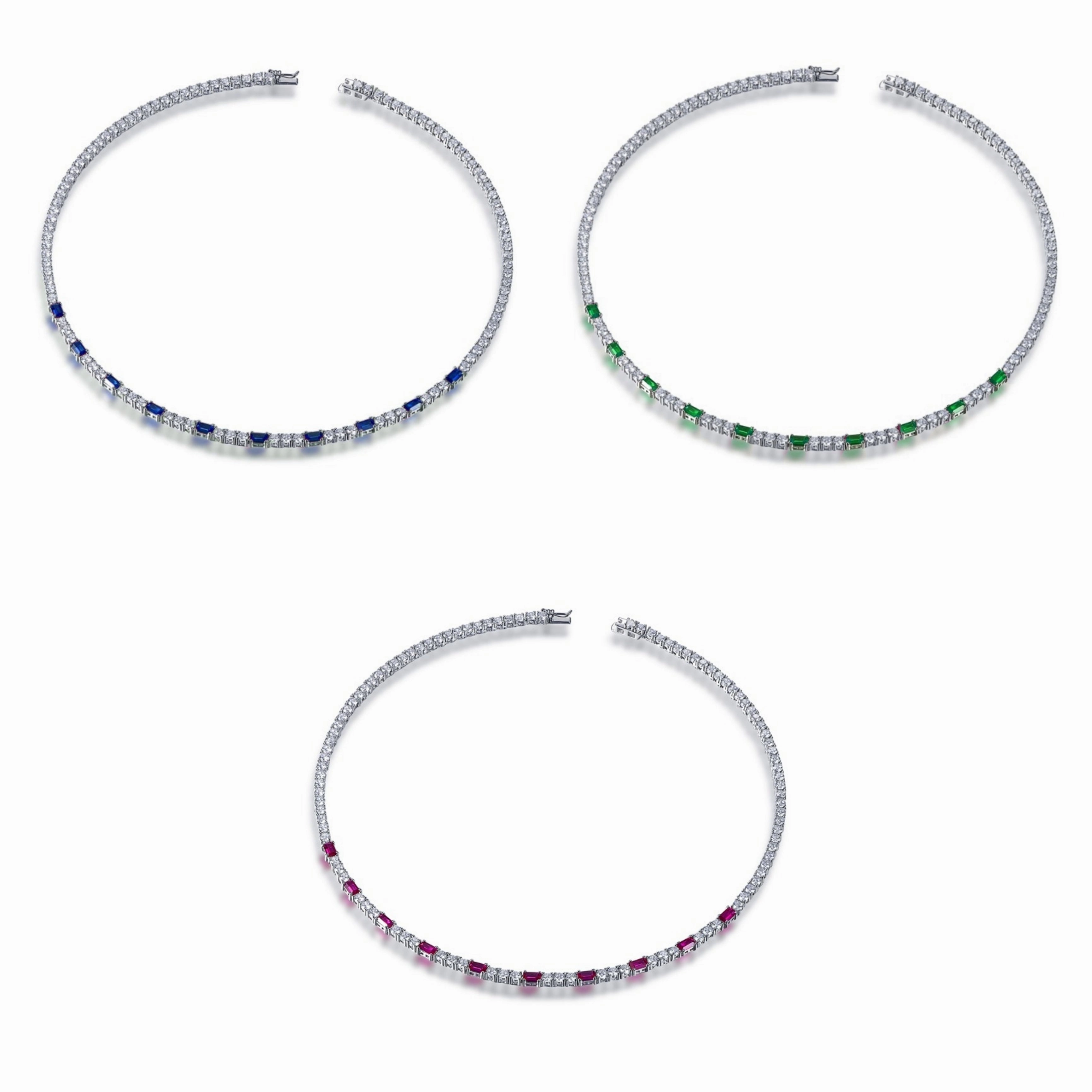 Polished Details Wedding Ready Sterling Silver Tennis Necklace With Interspersed Ruby or Sapphire CZ Stones