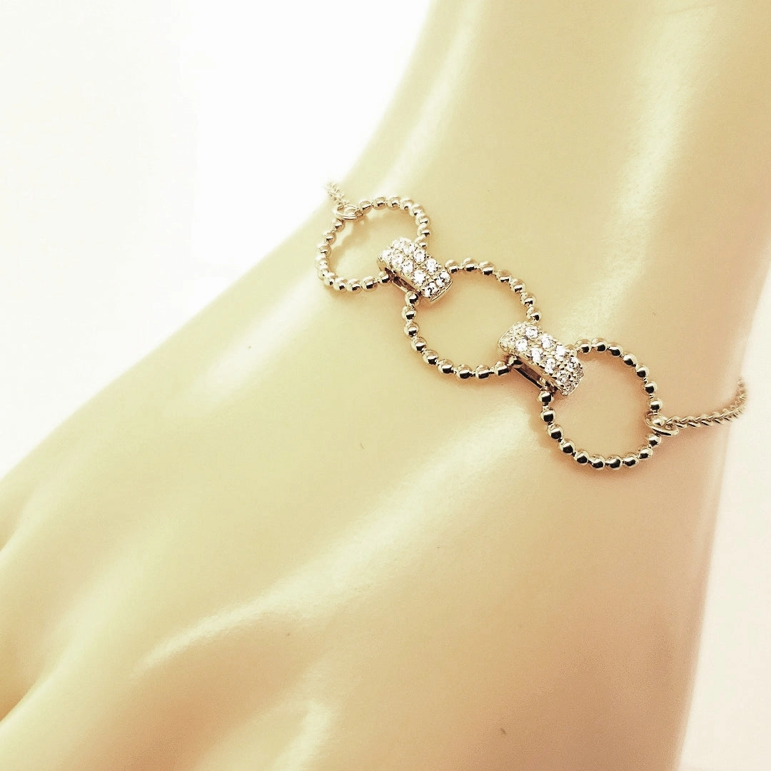 Sterling Silver Triple Balled Circles linked With CZ Connectors Bracelet Fashion Edge Sculpted Design