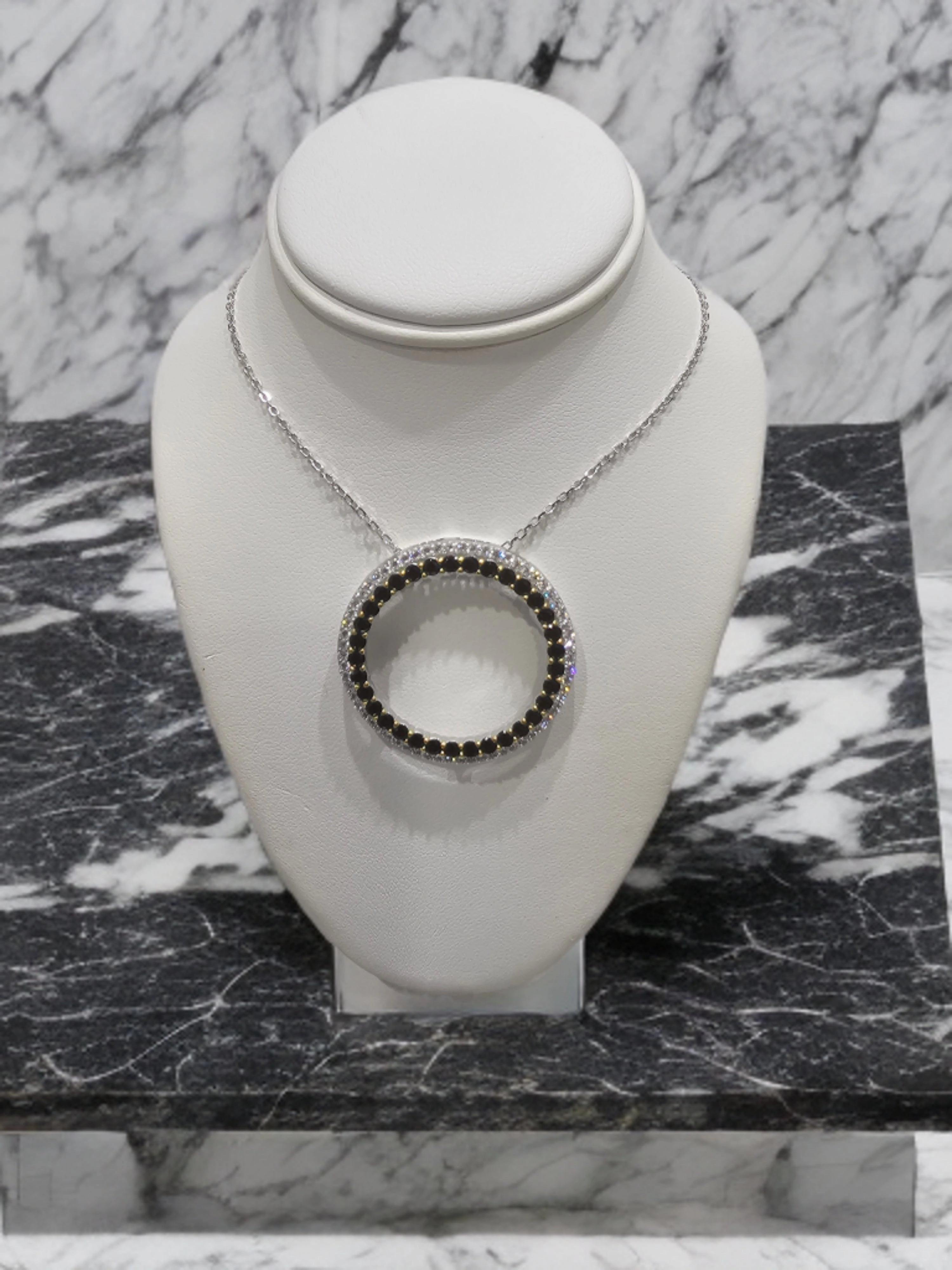 Gentle Finish Shimmer Detail Sterling Silver Two Tone Pendant Necklace With Clear and Colored Stone On Diamond Cut Chain