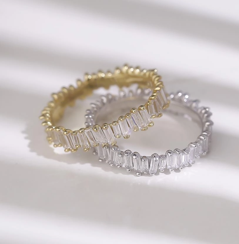 Sterling Silver Wavy Baguette Eternity Band CZ Ring Subtle Twist Wardrobe Staple