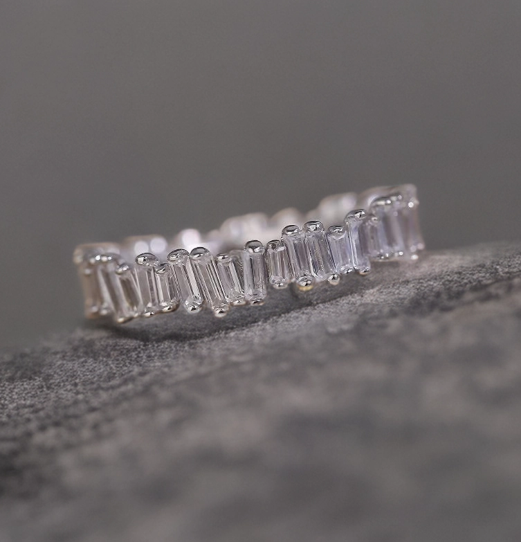 Sterling Silver Wavy Baguette Eternity Band CZ Ring Subtle Spark