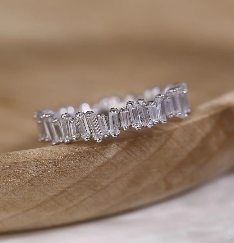 Sterling Silver Wavy Baguette Eternity Band CZ Ring Bold Detailing