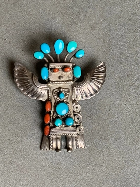 Graceful Piece Handcrafted Detail Sterling Turquoise Coral Thunderbird Pendant/Slide