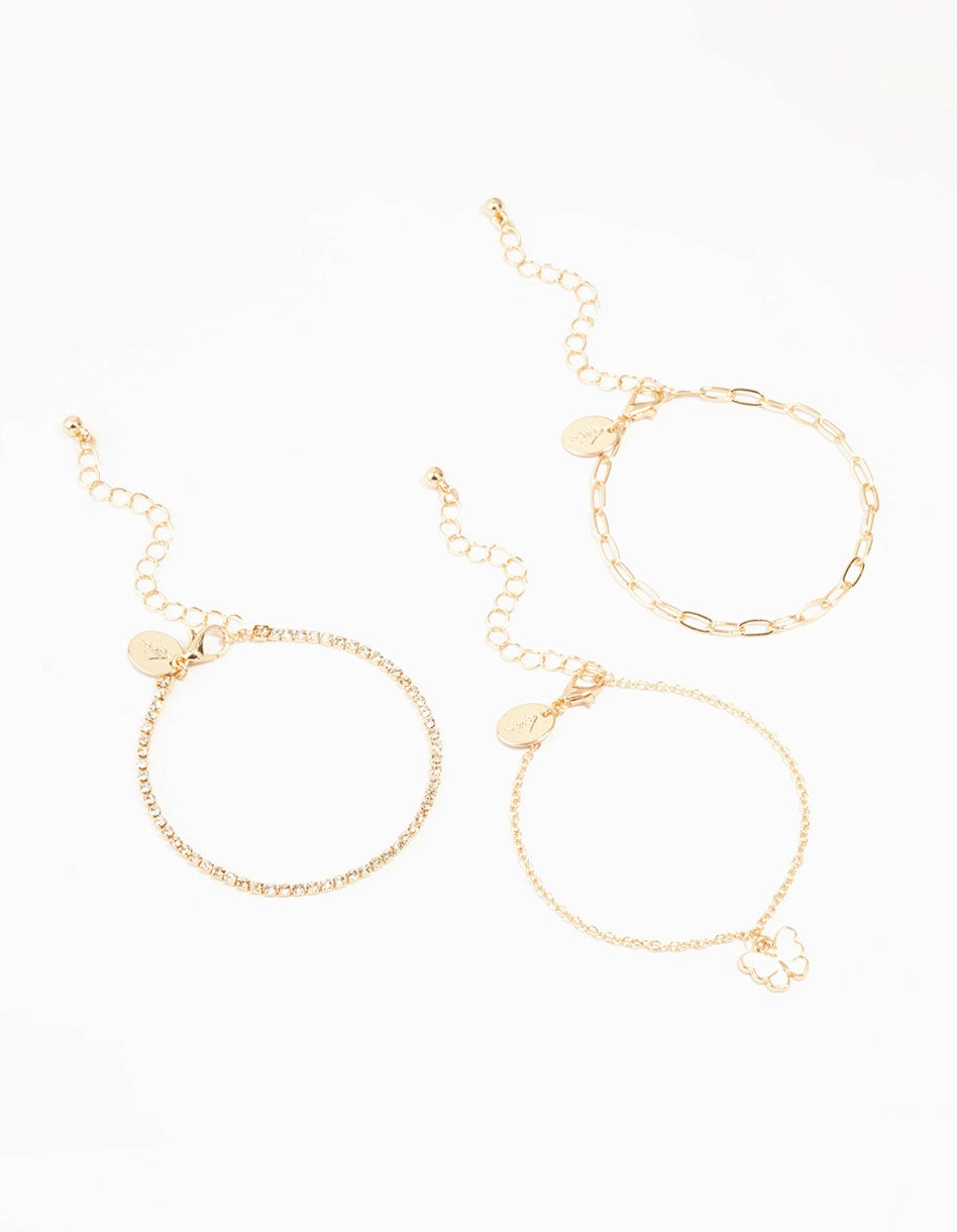 Vacation Ready Latest Style Gold Chain Diamante Butterfly Bracelets 3-Pack