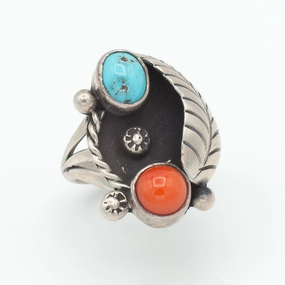Navajo Handmade Sterling Silver Turquoise Coral Ring (Hallmark Unknown) (Size 5.75) Delicate Shine Party essential