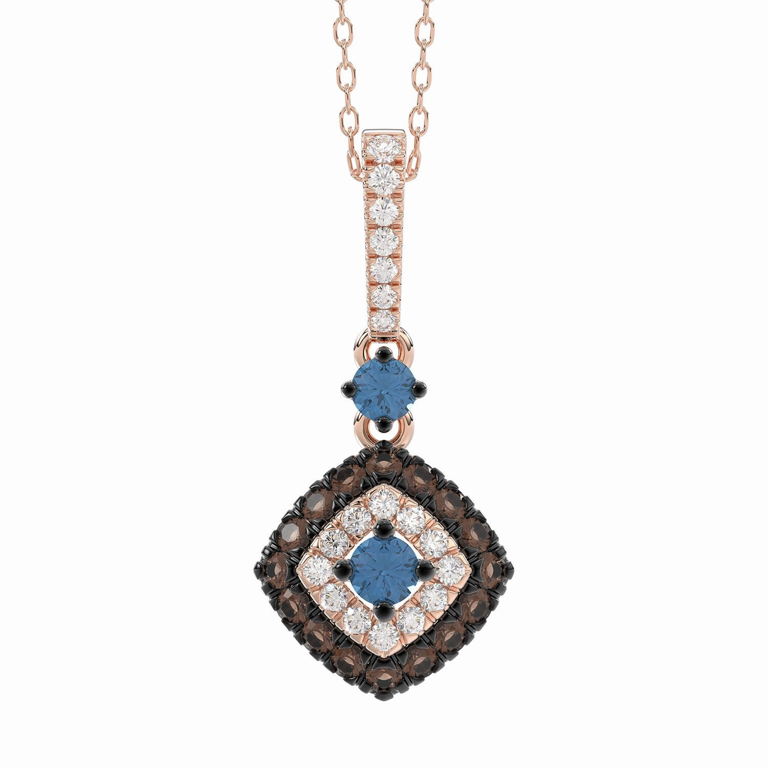 LADIES PENDANT WITH CHAIN 0.55CT ROUND/BLUE/DARK BROWN 14K ROSE GOLD (SI QUALITY) Gleaming Finish