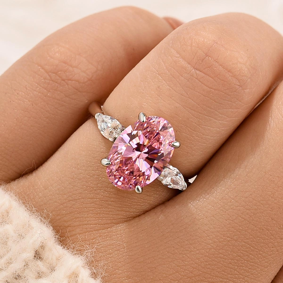 4.0Ct Oval Cut Pink Stone Three Stone Engagement Ring In Sterling Silver Branded Accessory