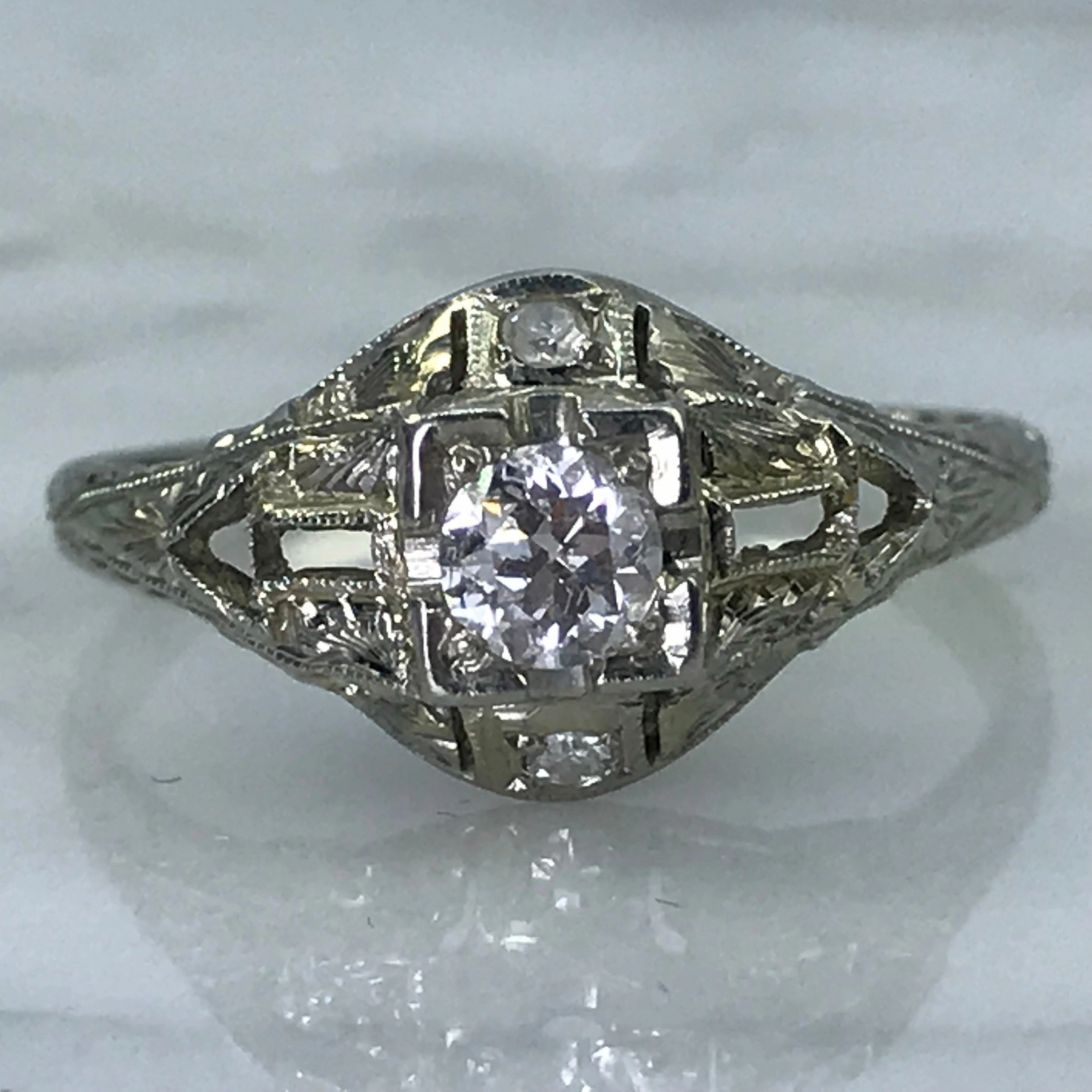 Sunset Style Exquisite Accent Art Deco Diamond Engagement Ring. 18K White Gold. April Birthstone. 10 Year Anniversary Gift.