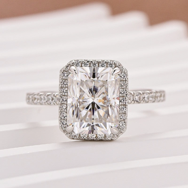 Moissanite 3.0 Ct Halo Radiant Cut White Gold Engagement Ring Branded Statement Vintage Gift