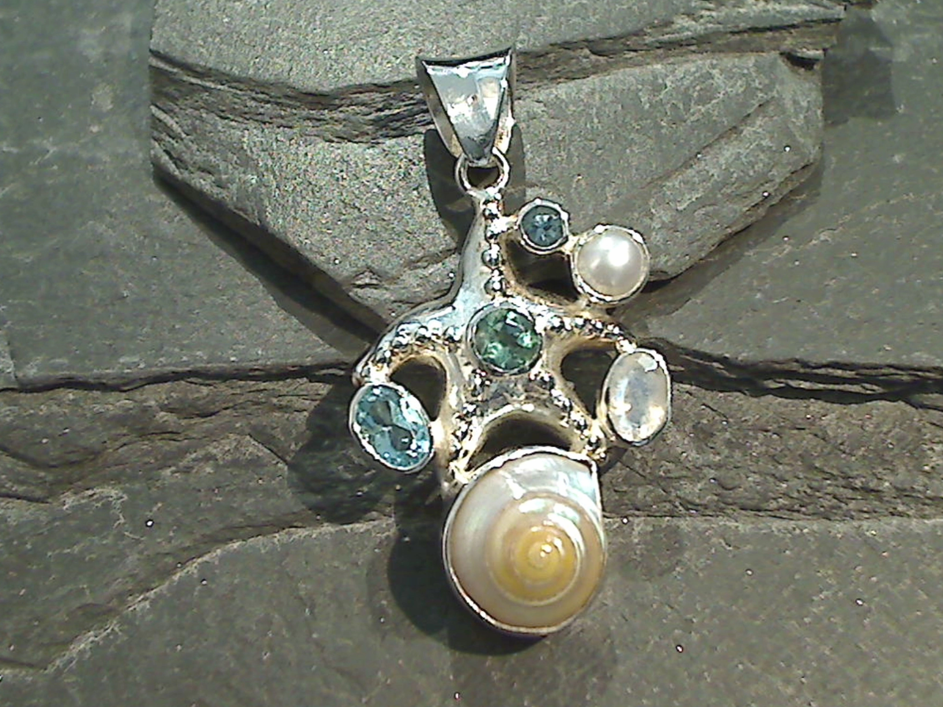 Sea Shell, Multi Gemstones, Sterling Silver Starfish Pendant Glow Look Everyday Feature