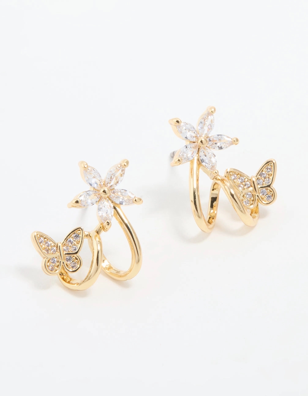 Stylish Accessory Gold Plated Cubic Zirconia Flower Butterfly Ear Jacket Earrings