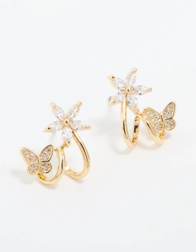 Stylish Accessory Gold Plated Cubic Zirconia Flower Butterfly Ear Jacket Earrings