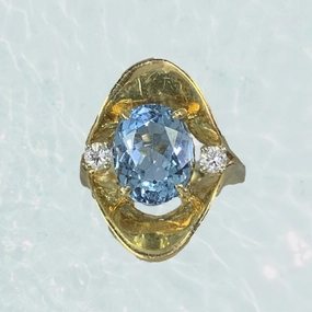 Cozy Mood Aquamarine Diamond Statement Ring in a 14k Yellow Gold Modernist Setting. March Birthstone.
