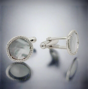 Sterling Silver CZ Border Mother of Pearl Cufflink Gorgeous Finish Polished Details
