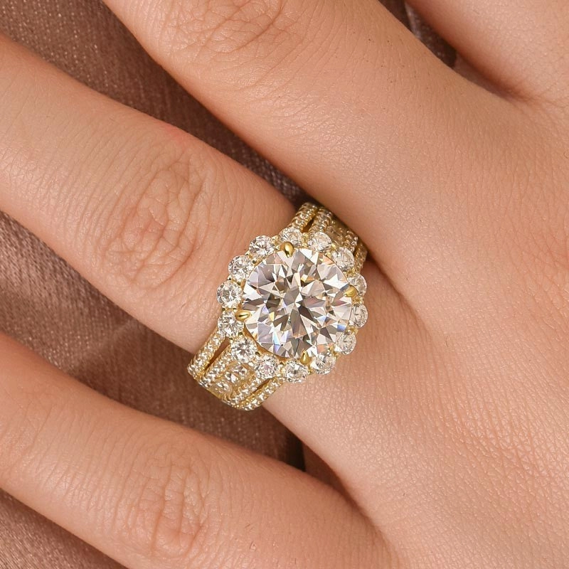 Moissanite Halo Split Shank 4.0Ct Round Cut Yellow Gold Engagement Ring Brilliant Statement Elegant Harmony