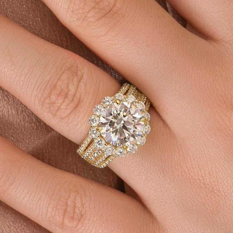 Holiday Accent Stylish Sign Moissanite Halo Split Shank 4.0Ct Round Cut Yellow Gold Engagement Ring