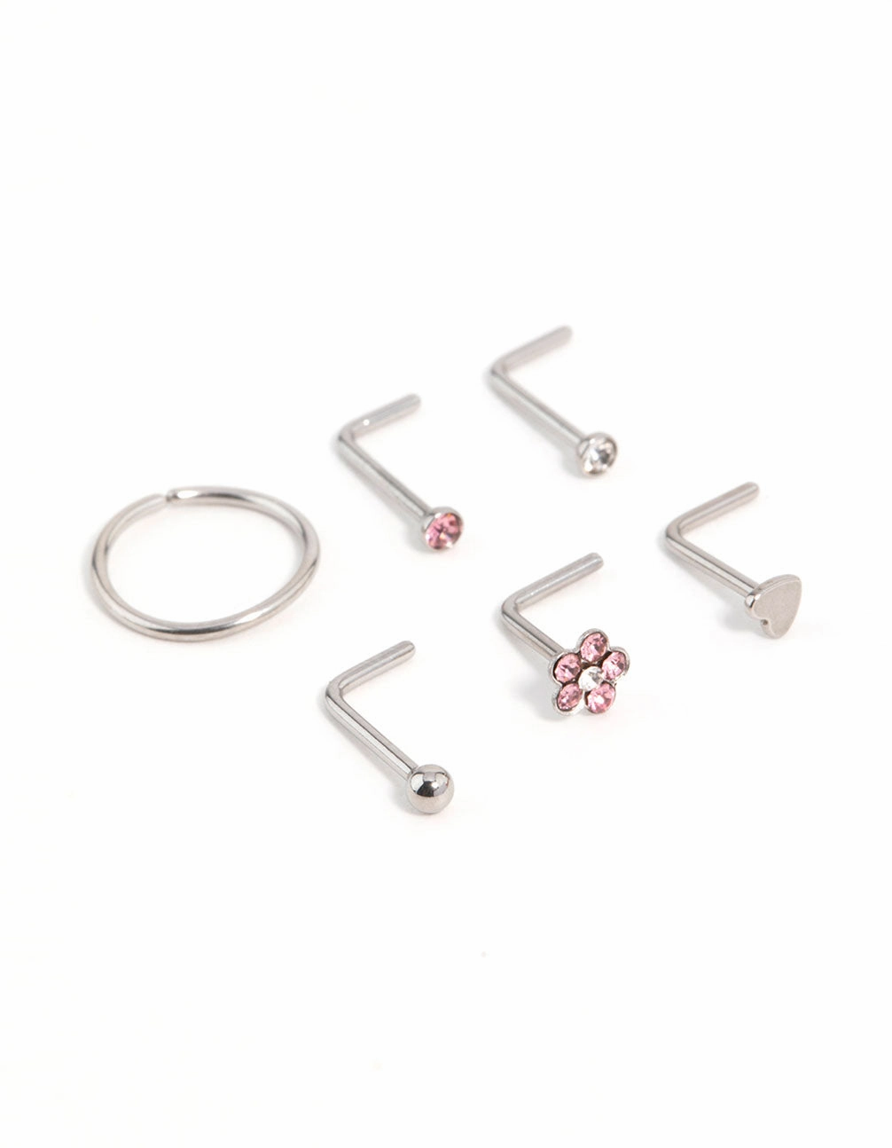 Dramatic Look Fresh Light Surgical Steel Cubic Zirconia Flower & Heart Nose Piercing 6-Pack