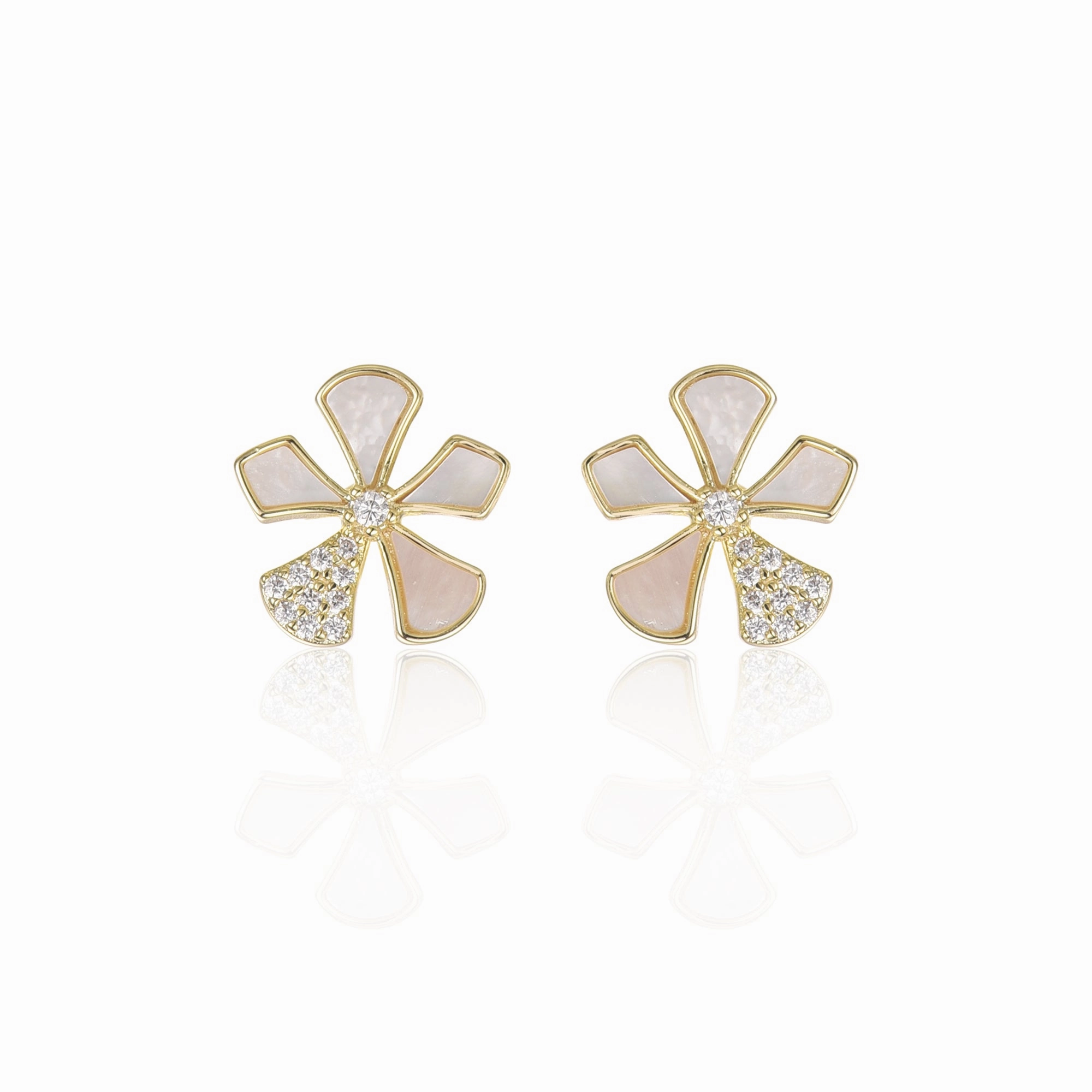 Bold Pop Surgical Steel Gold Plated Mother of Pearl And CZ Five Petal Flower Stud Earrings