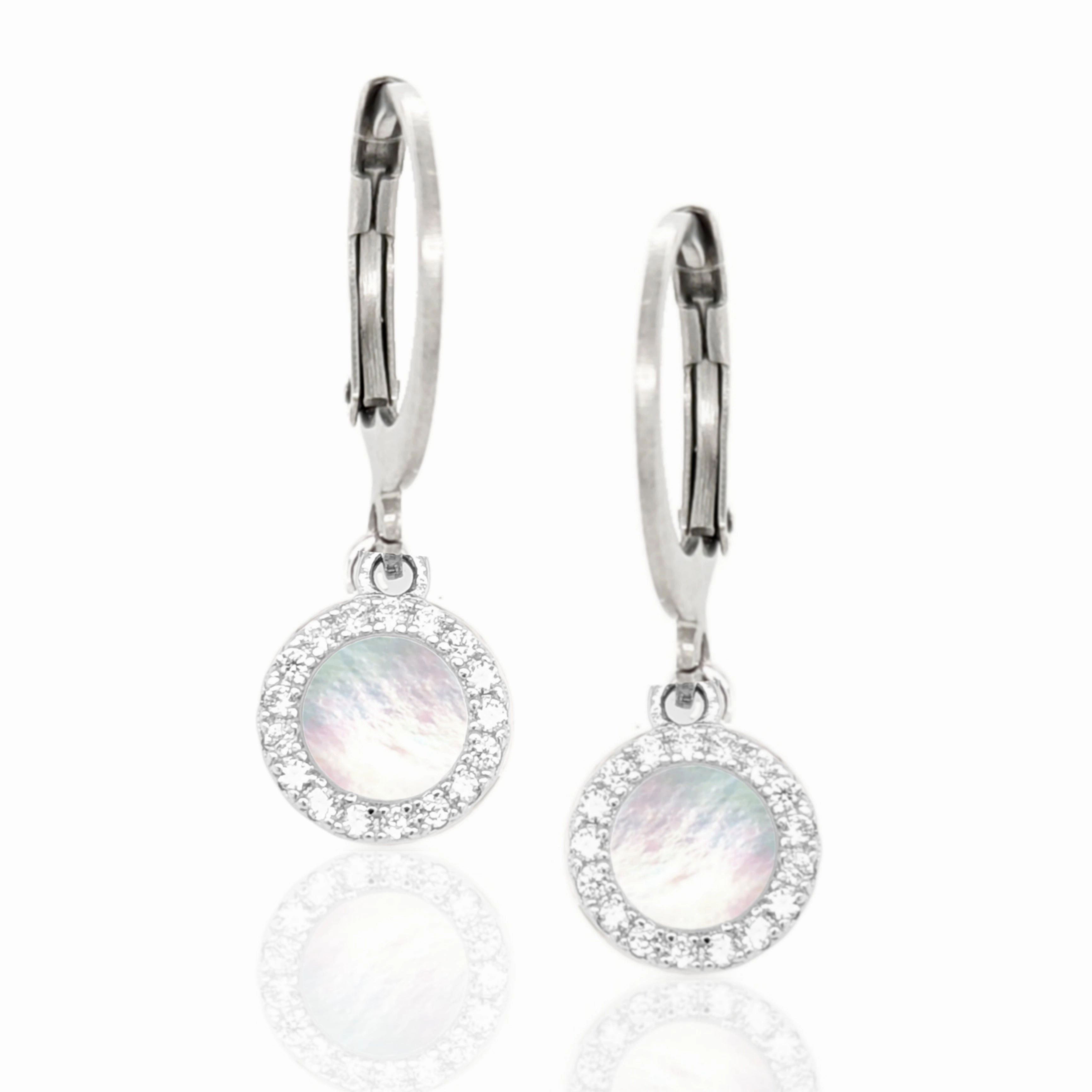 Surgical Steel with Sterling Silver Mother of Pearl Circles Leverback Earrings Exclusive Sparkle Shiny Texture