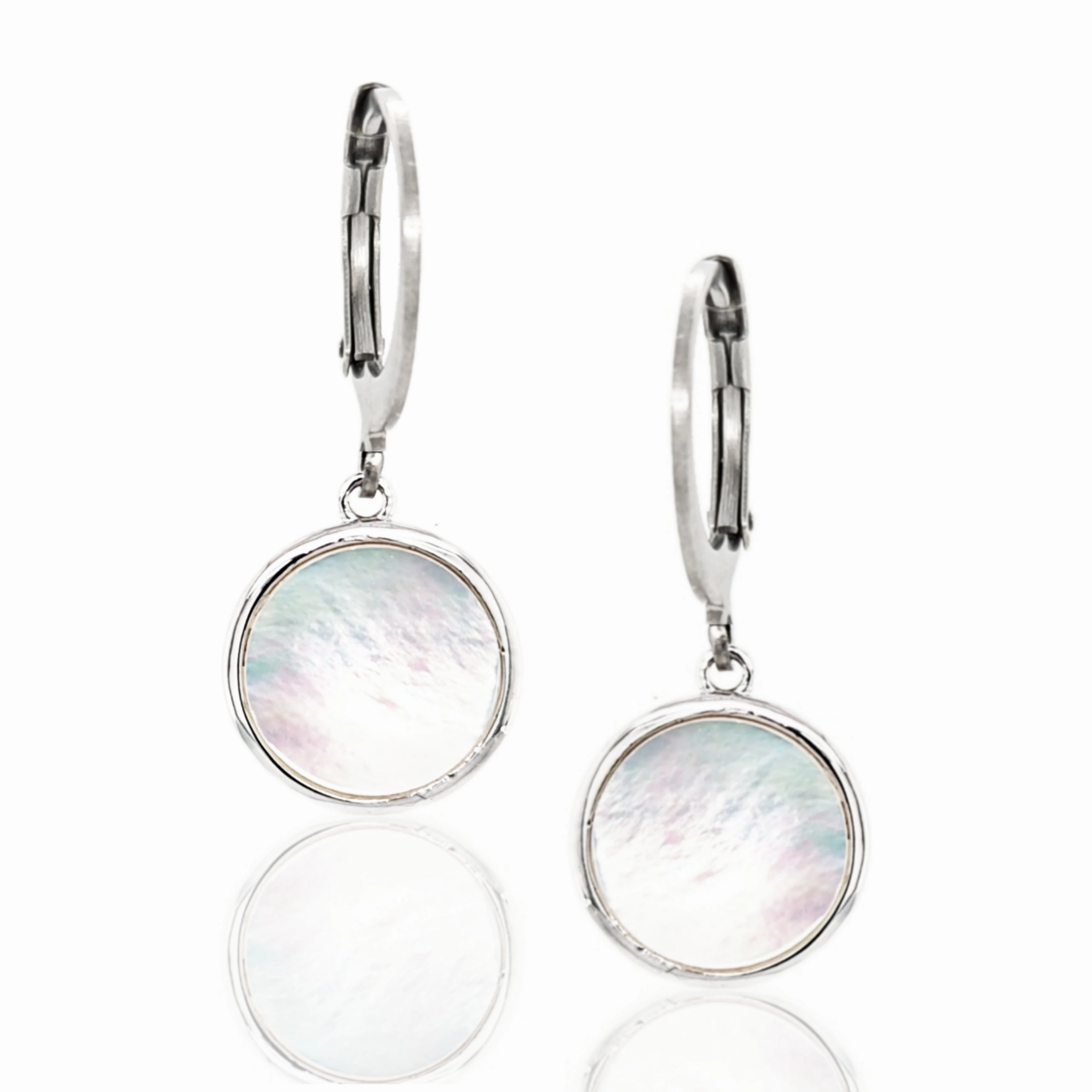 Evening Glam Surgical Steel with Sterling Silver Mother of Pearl Circles Leverback Earrings