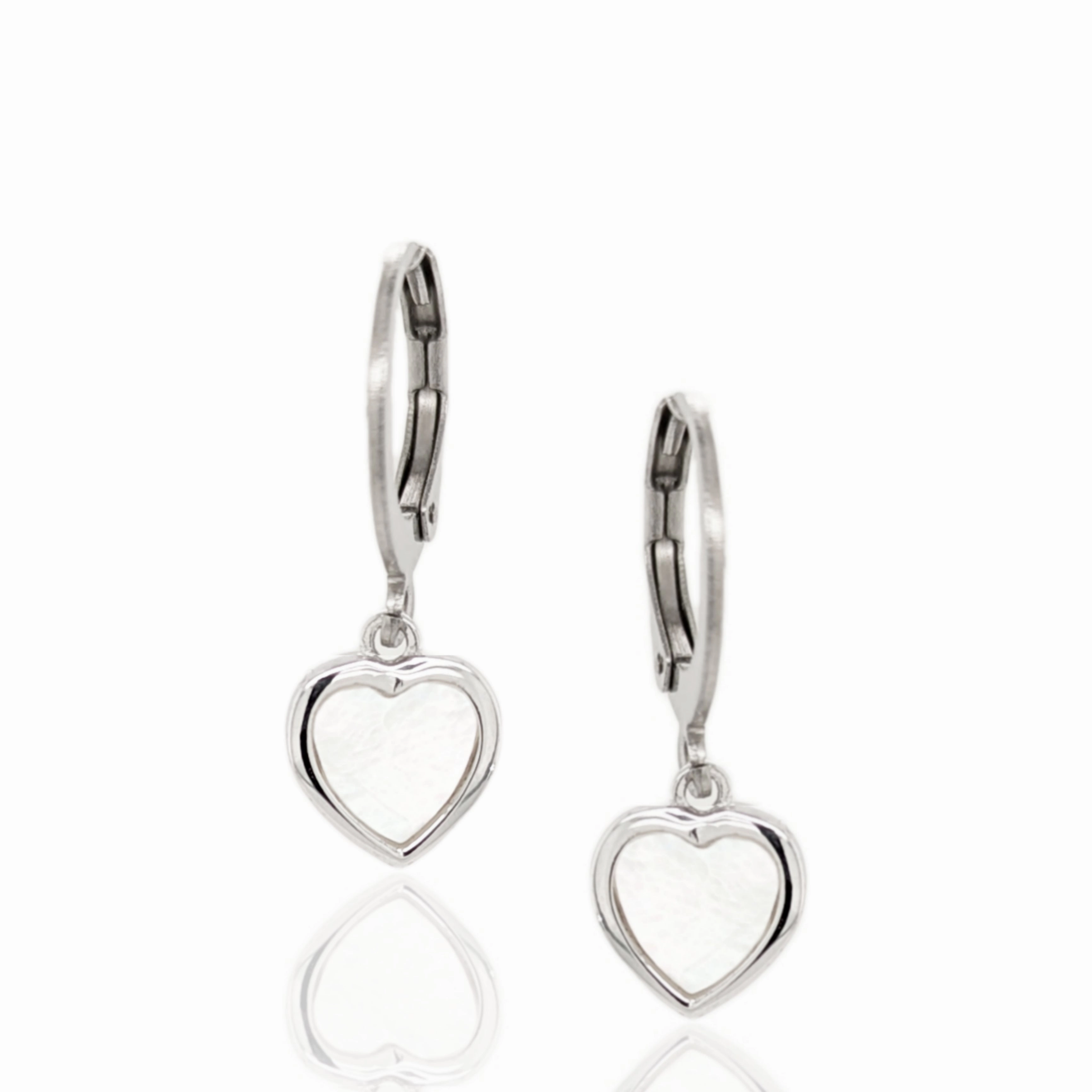 Surgical Steel with Sterling Silver Mother of Pearl Hearts Leverback Earrings Model Mood