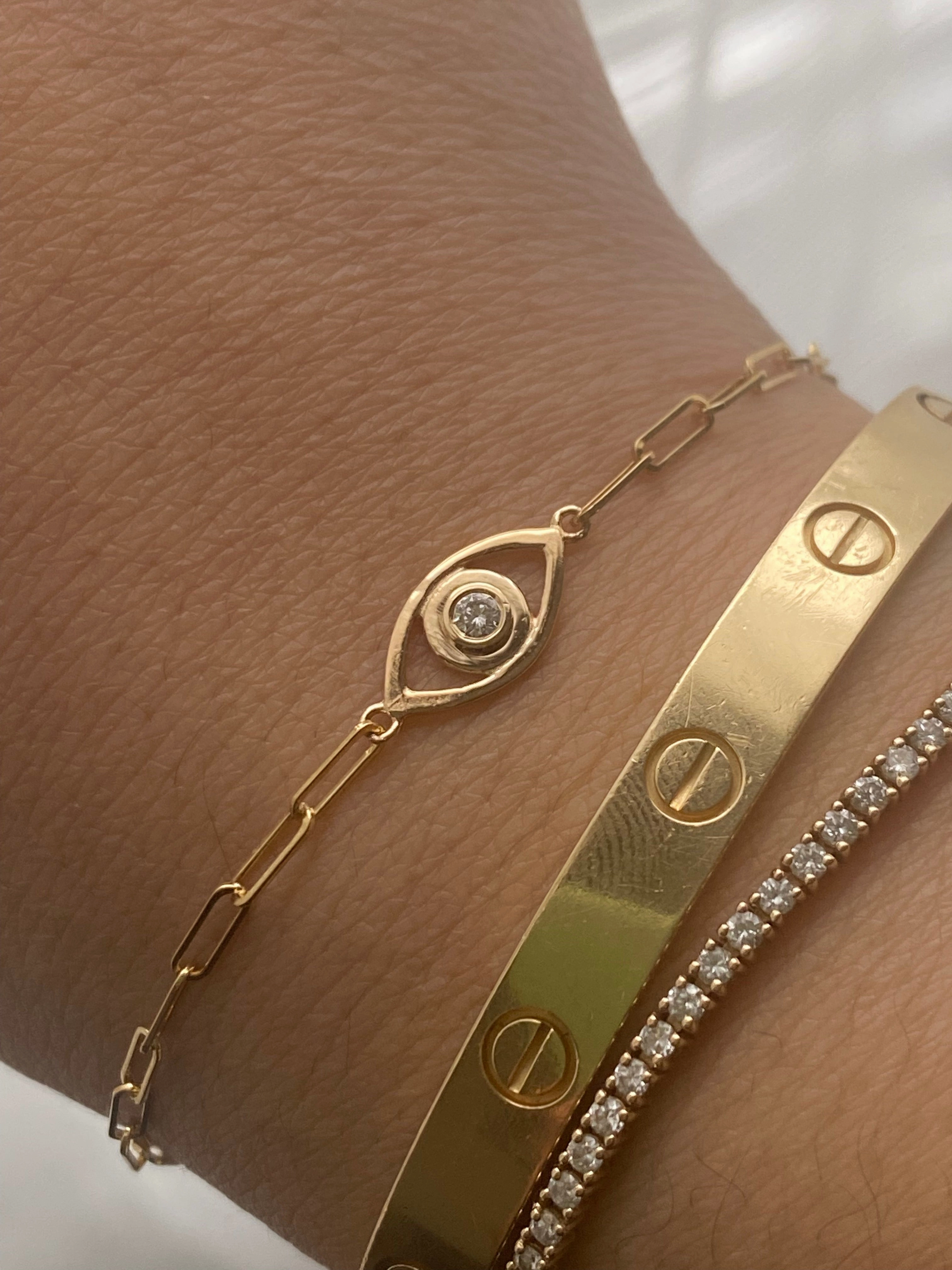 14k Gold Evil Eye Paper Clip Chain Diamond Bracelet Unpretentious Glam Selling Fast
