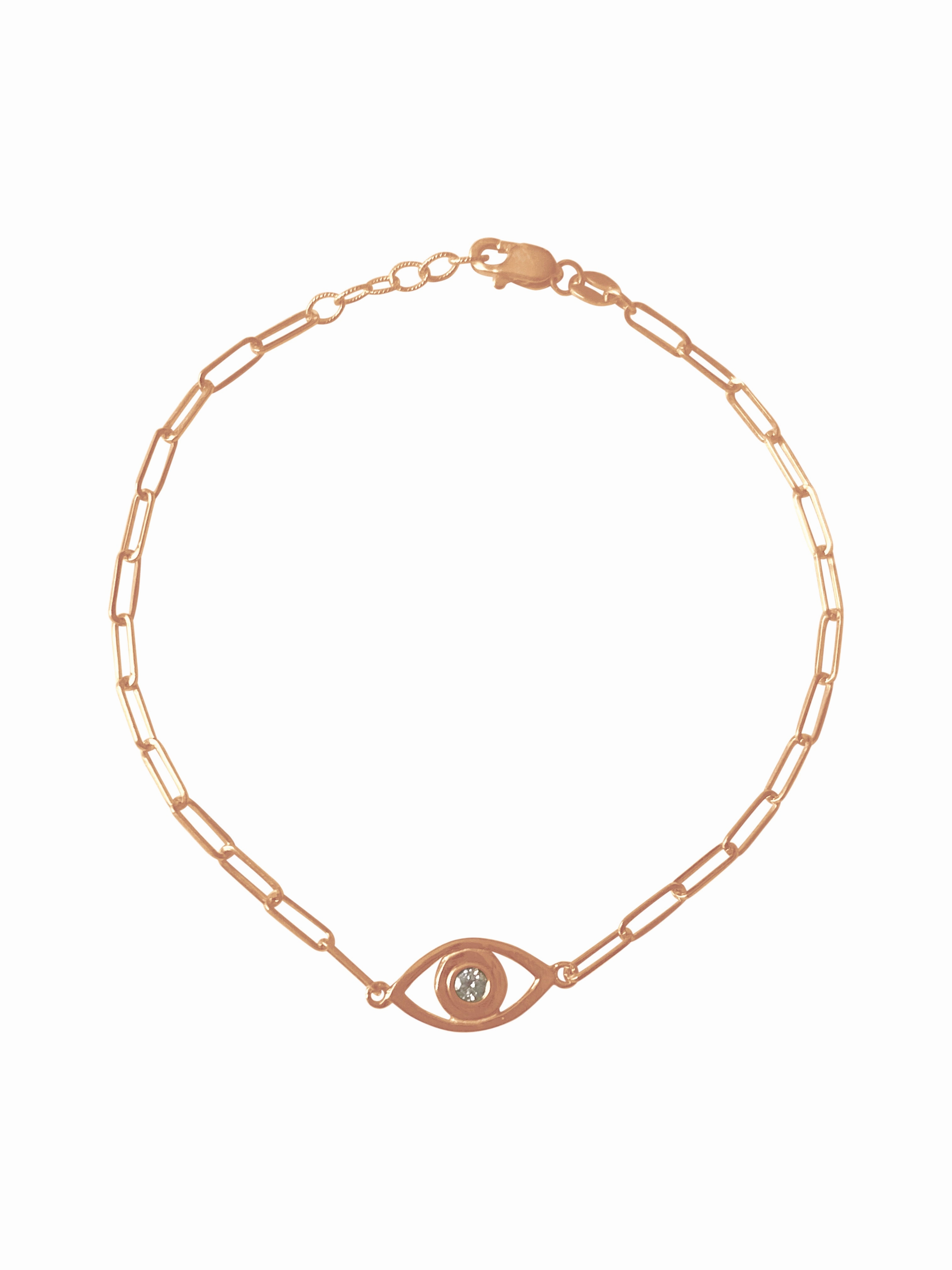 14k Gold Evil Eye Paper Clip Chain Diamond Bracelet Flattering Design