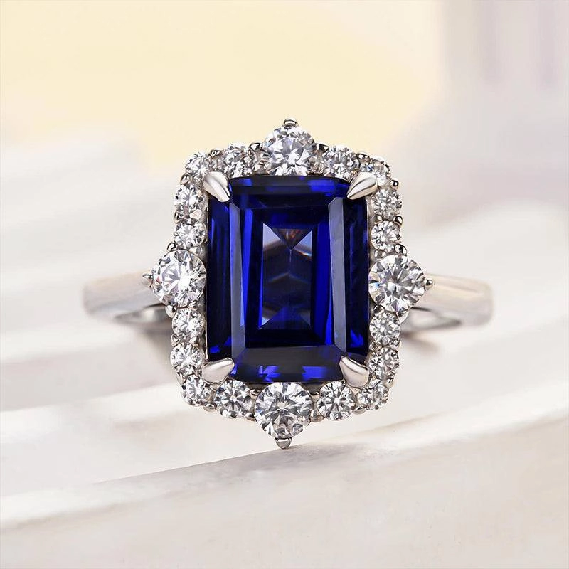 Chic Embellishment Economical Ornament Louily 3.0 Carat Halo Emerald Cut Blue Sapphire Engagement Ring In Sterling Silver