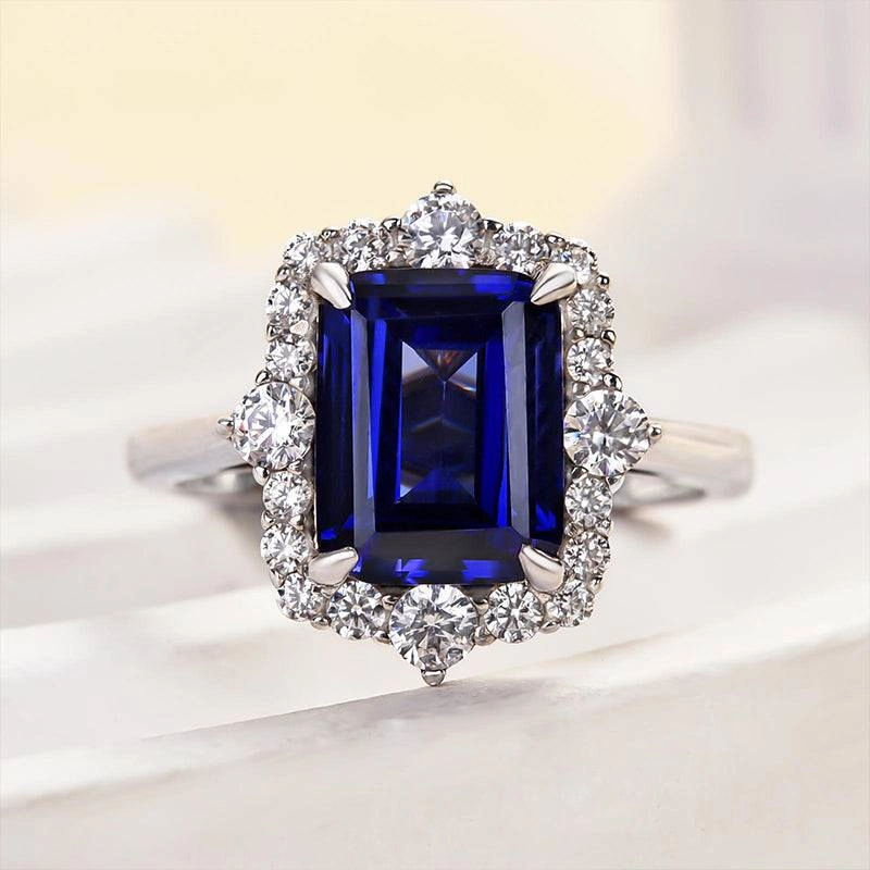 Louily 3.0 Carat Halo Emerald Cut Blue Sapphire Engagement Ring In Sterling Silver Affordable Symbol Minimal Finish