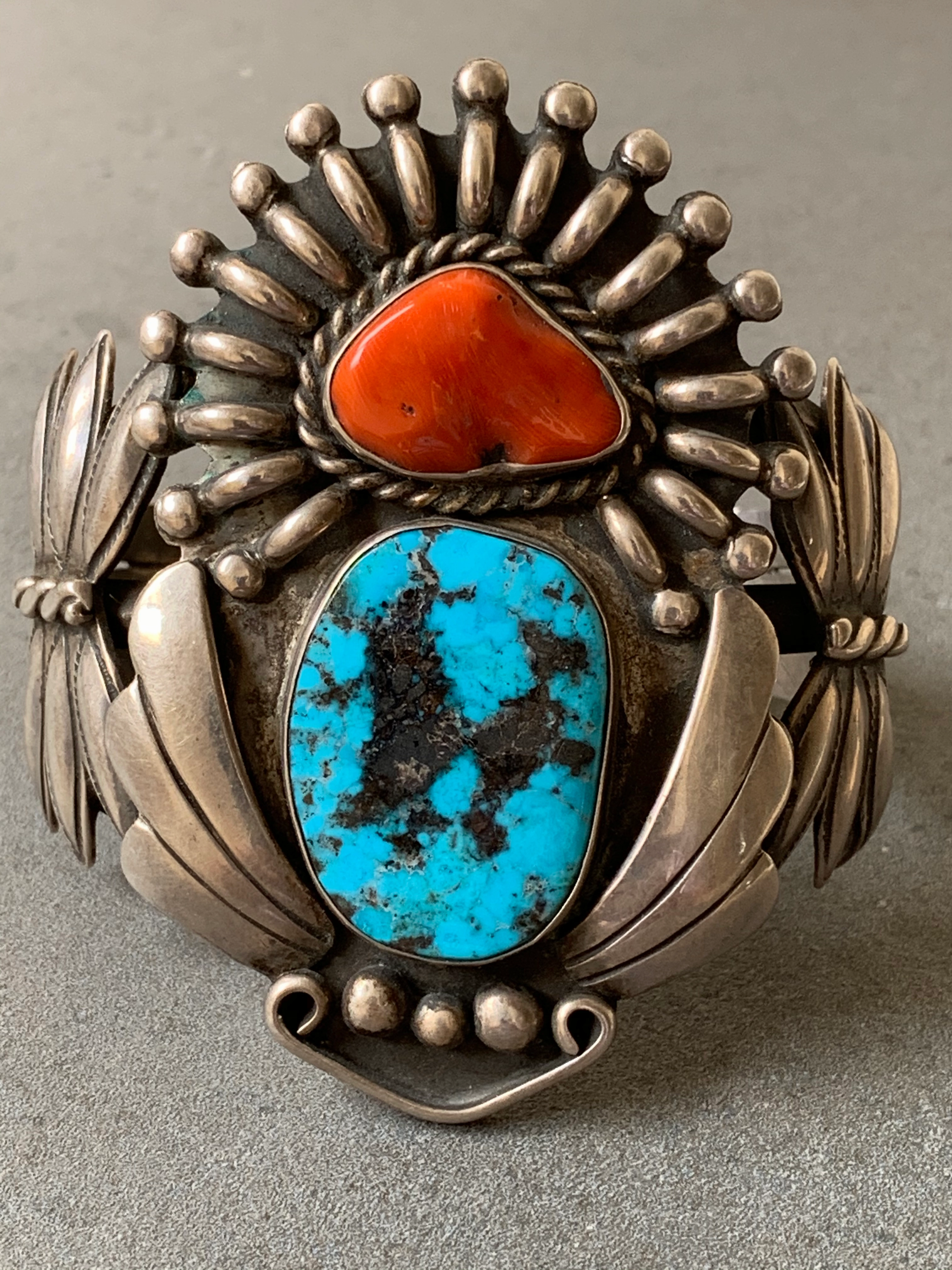 Luxury Gift Sterling Silver Natural Mediterranean Coral Turquoise Cuff Handemade