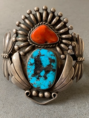 Luxury Gift Sterling Silver Natural Mediterranean Coral Turquoise Cuff Handemade