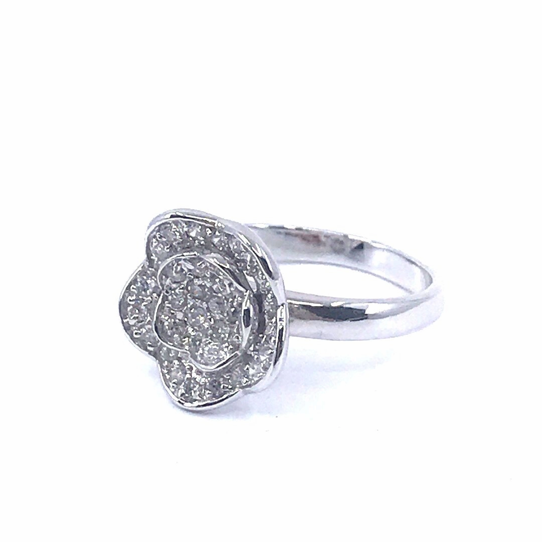 Everyday Detail Layered Texture Rhodium Plated Sterling Silver Micro Pave CZ Flower Ring