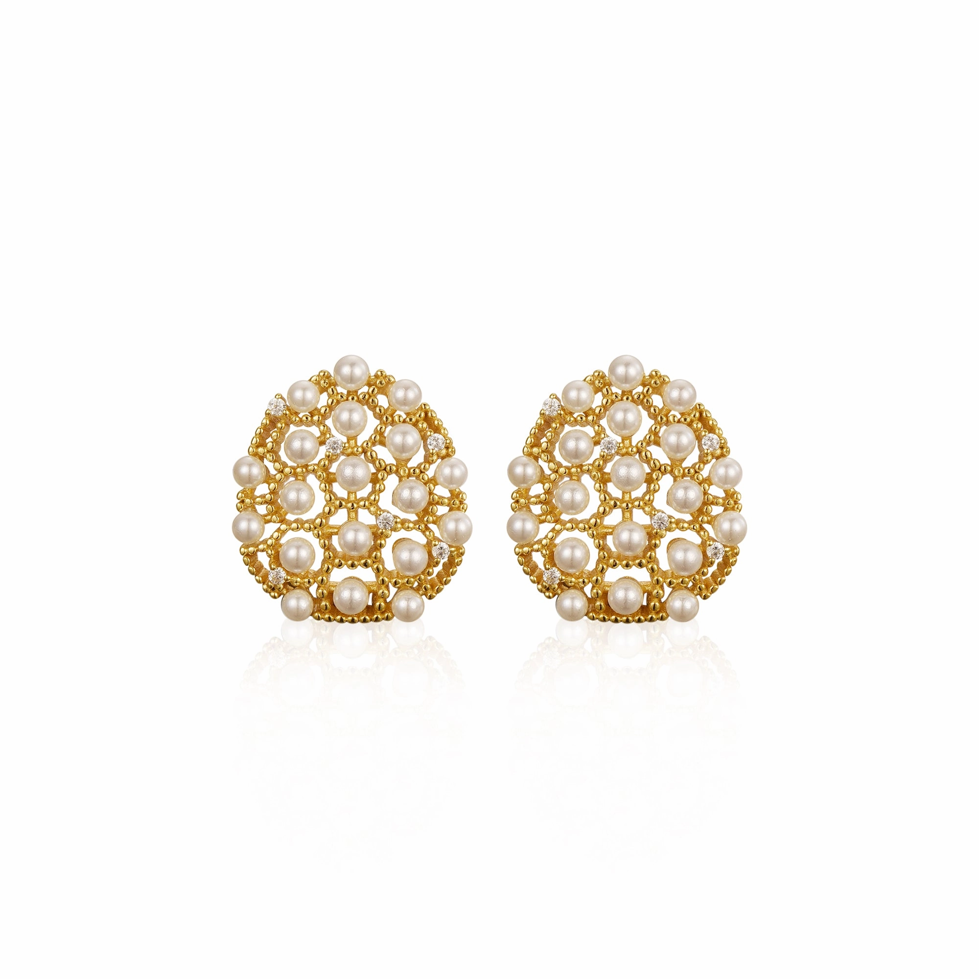 Sterling Silver Gold Plated With Small Pearls and CZs Stud Earring Breezy Style Charming Edge