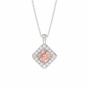 14K WHITE GOLD CRAFTED WITH 18K YELLOW GOLD BACK PLATE 1 1/4CT ROUND/PINK CUSHION DIAMOND LADIES PENDANT WITH CHAIN Sleek Outline