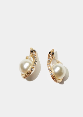 Flat Lay Elegant Vibe Sparkly Snake & Pearl Stud Earrings